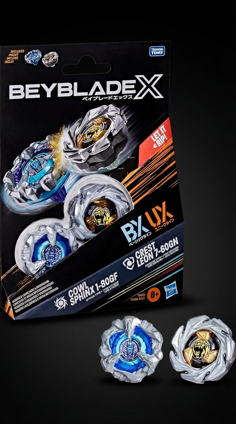 Beyblade X Cowl Sphinx 1-80GF BX & Crest Leon 7-60GN UX Dual Pack Set with 2 Right-Spinning Tops