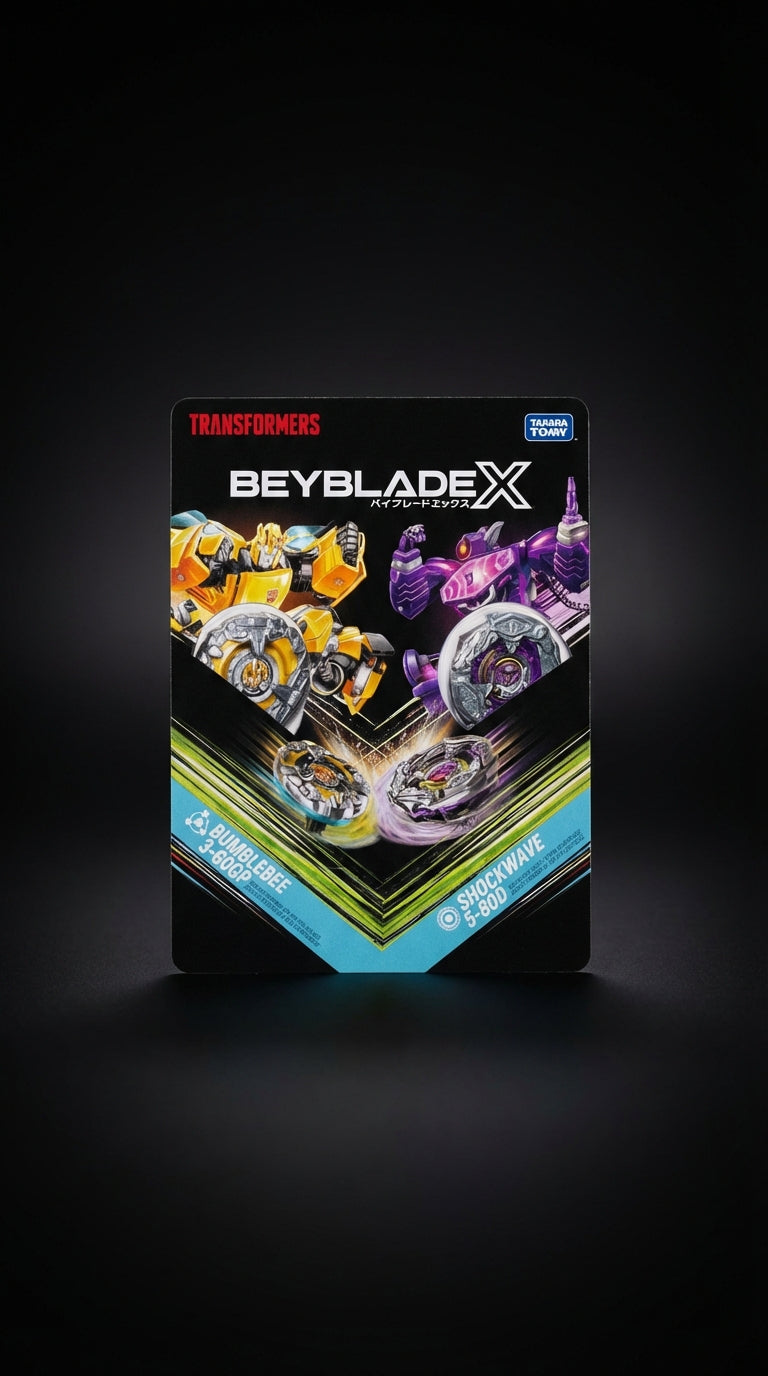 Beyblade X and Transformers Collab, Bumblebee 3-60GP vs. Shockwave 5-80O, 2 Takara Tomy Tops, 2 Launchers