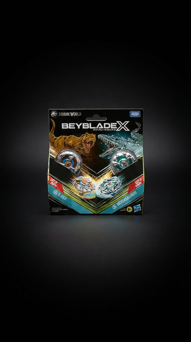Beyblade X Jurassic World Collab T. Rex vs. Mosasaurus Multipack Set, 2 Takara Tomy Tops, 2 launchers