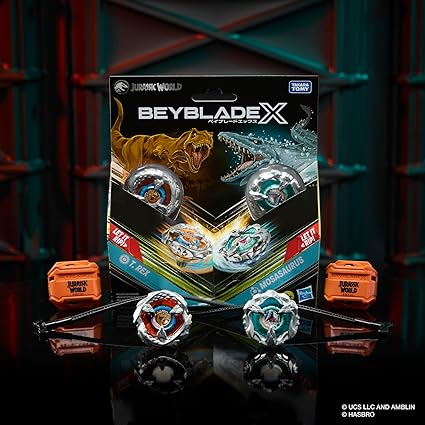 Beyblade X Jurassic World Collab T. Rex vs. Mosasaurus Multipack Set, 2 Takara Tomy Tops, 2 launchers