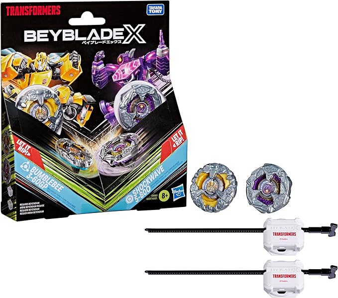 Beyblade X and Transformers Collab, Bumblebee 3-60GP vs. Shockwave 5-80O, 2 Takara Tomy Tops, 2 Launchers