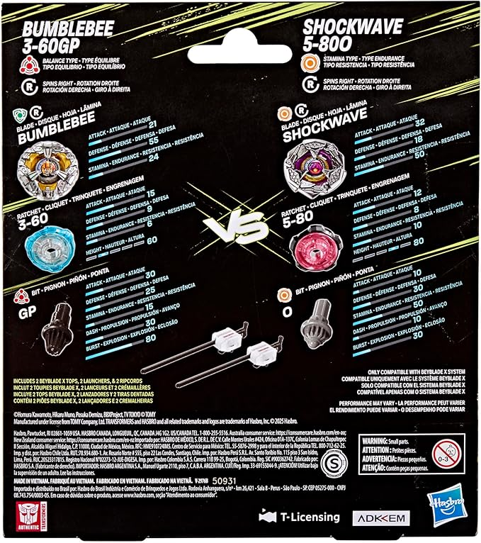 Beyblade X and Transformers Collab, Bumblebee 3-60GP vs. Shockwave 5-80O, 2 Takara Tomy Tops, 2 Launchers