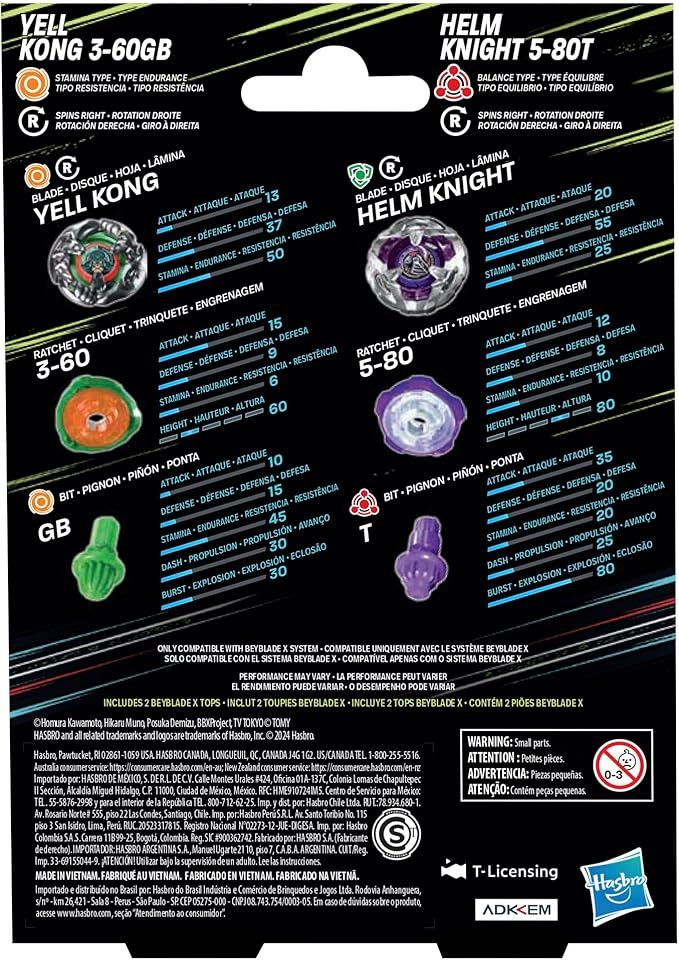 Beyblade X Yell Kong 3-60GB and Helm Knight 5-80T Dual Pack Set with 2 Right-Spinning Tops