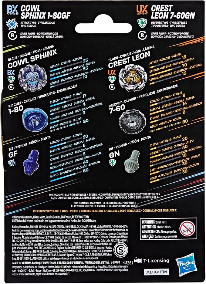 Beyblade X Cowl Sphinx 1-80GF BX & Crest Leon 7-60GN UX Dual Pack Set with 2 Right-Spinning Tops