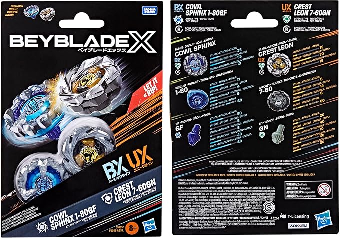 Beyblade X Cowl Sphinx 1-80GF BX & Crest Leon 7-60GN UX Dual Pack Set with 2 Right-Spinning Tops