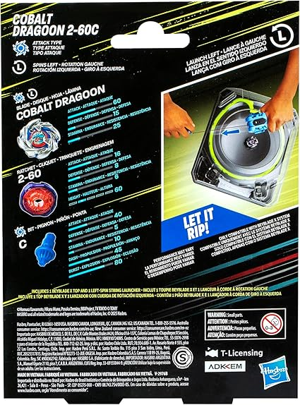 Beyblade X Cobalt Dragoon 2-60C Deluxe Left-Spin String Launcher Set with Attack Type Top Left